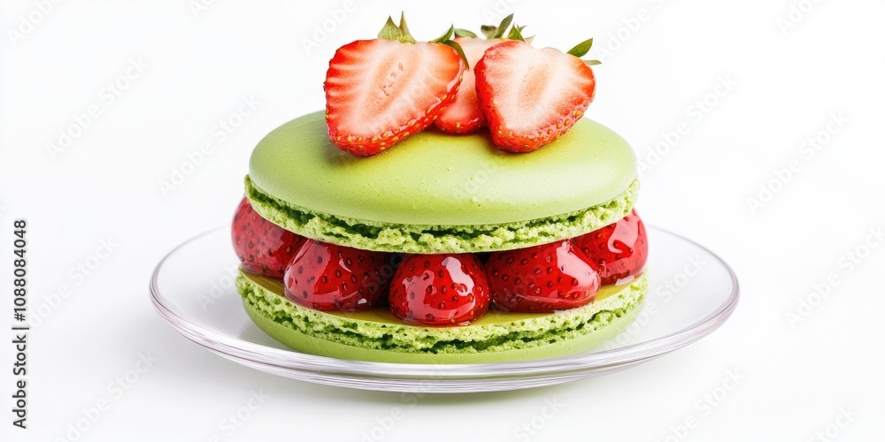 Poster a green macaron cake adorned with strawberry slices placed on a clear saucer set against a white bac