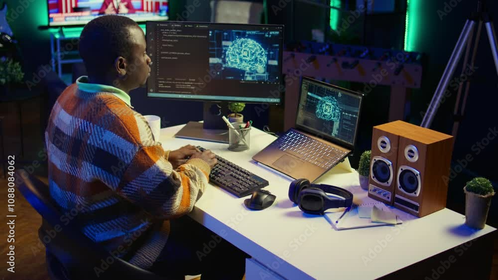 Poster african american it professional managing ai system for machine learning, coding software on termina