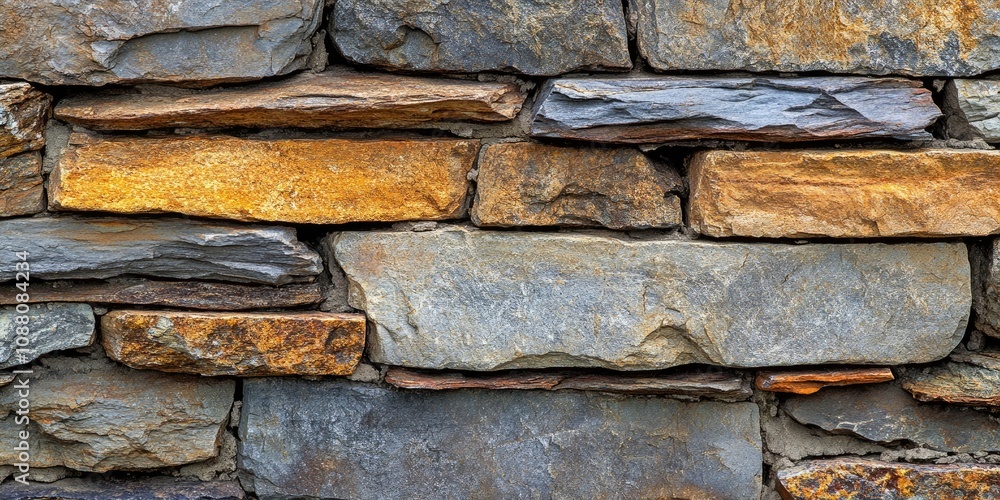 Poster detail of a rustic quartzite stone wall secured with cement and mud. copy space.