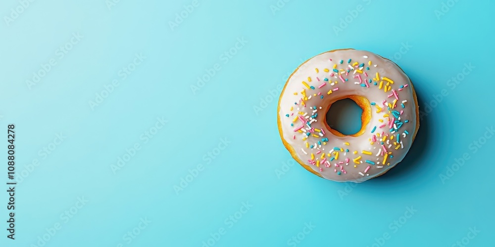 Aufkleber glazed donut for dessert displayed on a blue background flat lay mock up