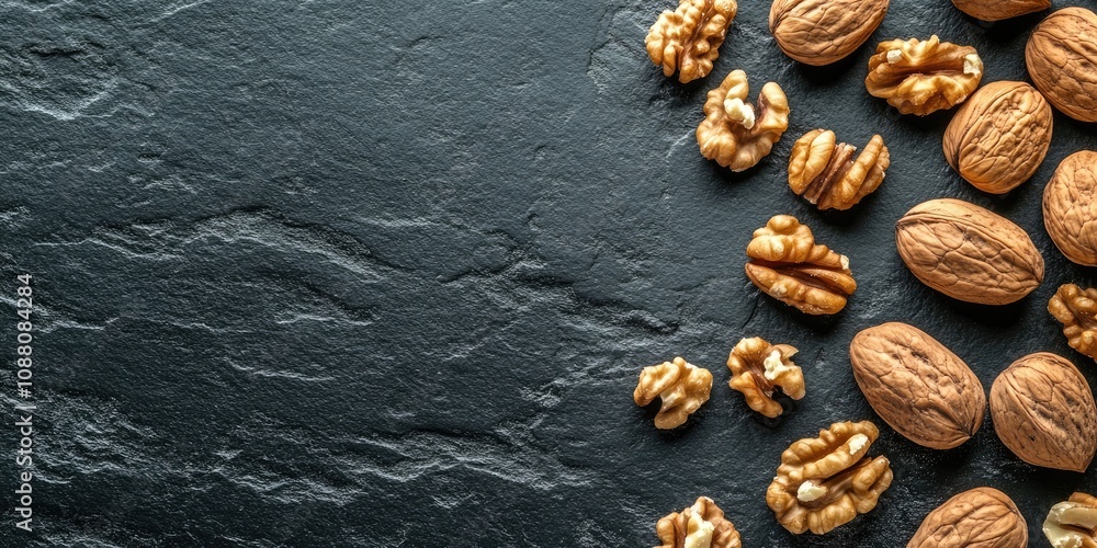 Aufkleber walnuts. walnut kernels on a dark stone surface. top view.