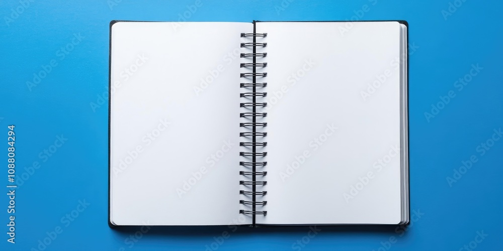 Aufkleber top view of an open spiral blank notebook on a blue background.