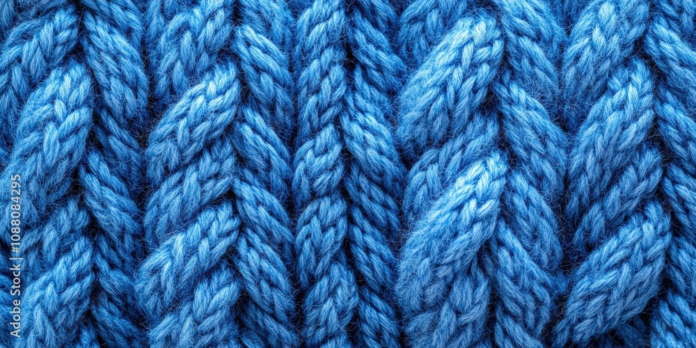 Poster Knitted wool surface as a background. Closeup of blue knitting texture patterns. Background featuring warm winter textiles with copy space.