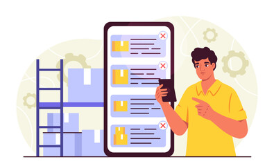 Worker with inventory management. Man with smartphone near shelves with parcels and packages. Logistics and transportation, shipping. Flat vector illustration