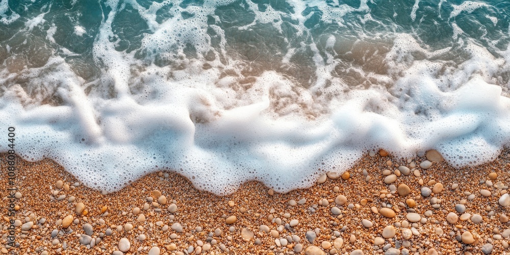 Poster a foaming wave from the sea separates the sand on the seabed from the pebbles on the shore.