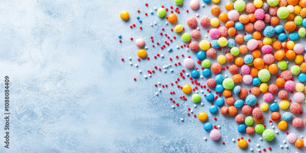 Poster background of multicolored sugar-coated candies with copyspace.