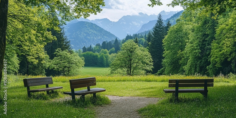 Poster a landscape view of a serene resting spot featuring benches in a park within the low alps mountains.