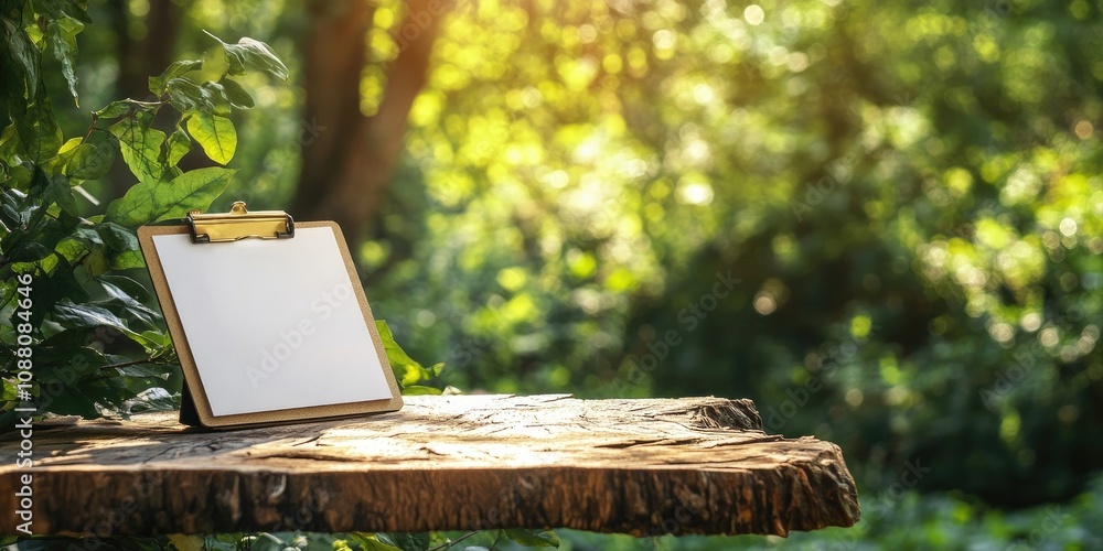 Poster clipboard outdoors resting on a table - appealing backdrop with area for text.
