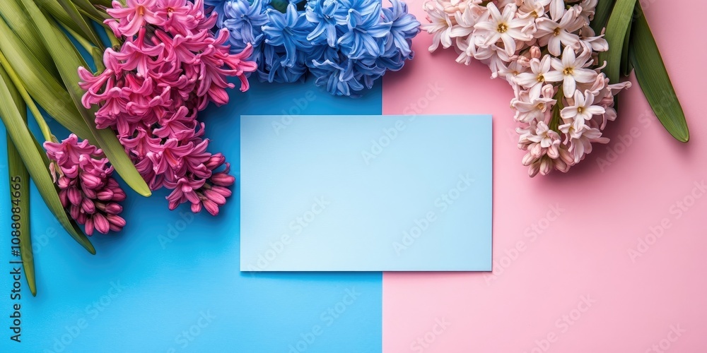 Poster flat lay arrangement featuring spring hyacinth flowers and a blank card on a colored background, wit