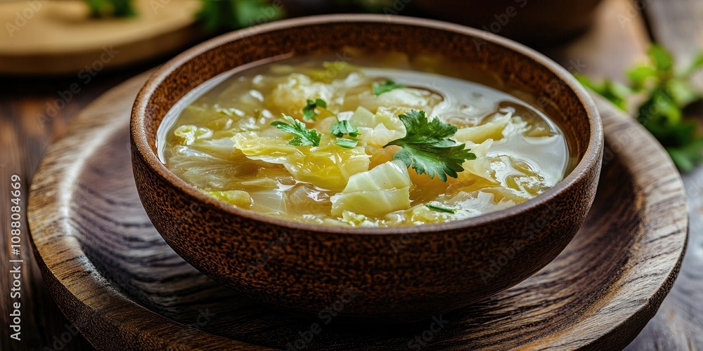 Poster braised cabbage soup in a bowl placed on a wooden plate on the floor. copy space for text.