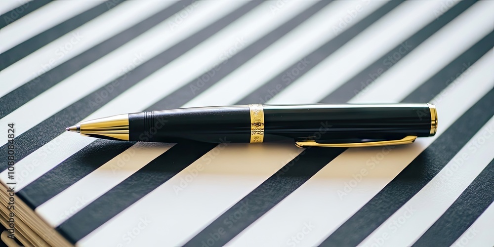 Poster a pen resting on a striped notebook