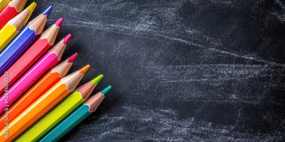 Poster Group of Objects Close Up Concept Back to School Colorful Pencils Notebook Black Chalkboard Background Behind. Design Copyspace Educational Supplies