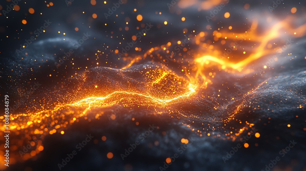 Poster abstract glowing energy flowing through dark particles.