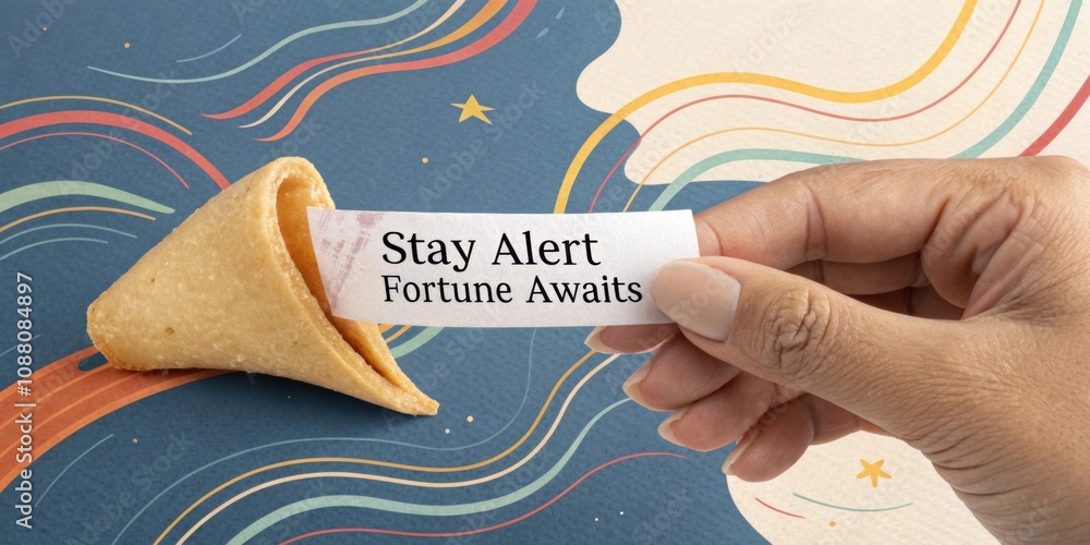 Poster illustration 5 a fortune cookie held by a hand with a message slip that says stay alert fortune awai