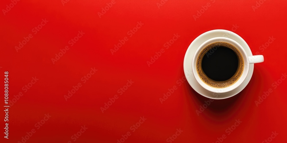 Aufkleber top view of a cup of black coffee on a red background with copy space
