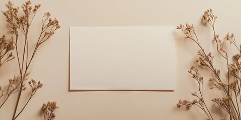 Obraz premium Blank paper sheet card mockup with copy space and dried star flower buds on a beige backdrop.