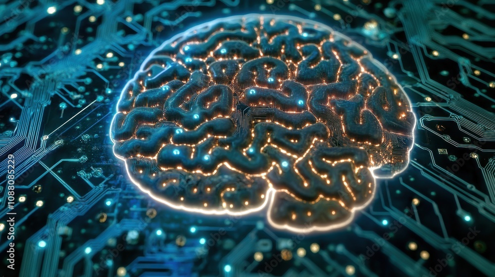 Fototapete A detailed close-up of a brain-inspired neuromorphic chip, mimicking synaptic connections for cognitive computing, Neuromorphic computing technology style