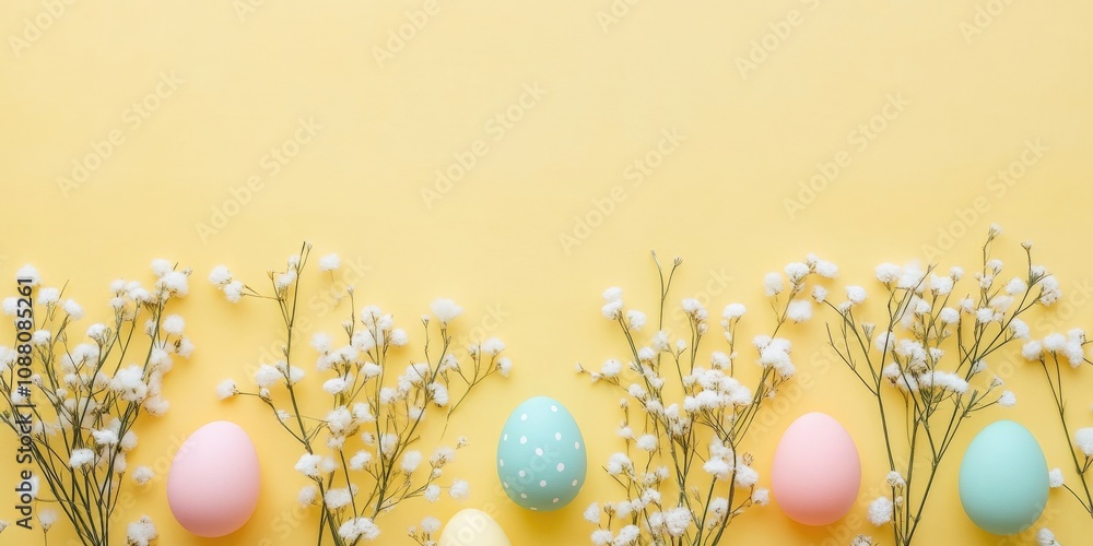 Poster flat lay top view of colorful easter eggs painted in pastel shades alongside spring flowers on a yel