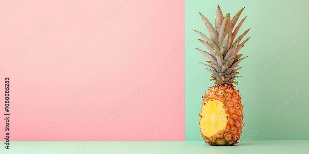 Poster pineapple on a pink and green backdrop with copy space.