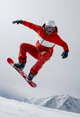Close up of a athlete snowboarder kicking up the snow as he go down an alpine mountain slope.