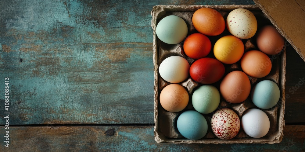 Poster a box filled with vibrant eggs on a rustic backdrop.