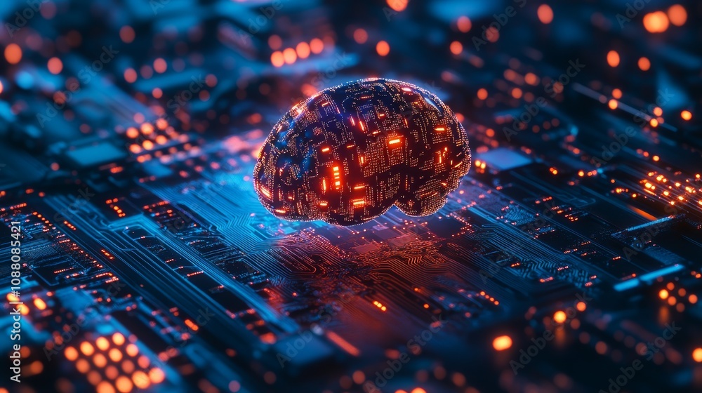 Poster glowing brain model on circuit board, representing ai, technology, and neural networks.