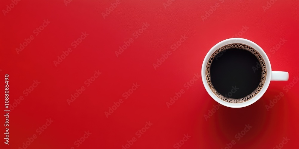 Aufkleber top view of a cup of black coffee on a red background with copy space