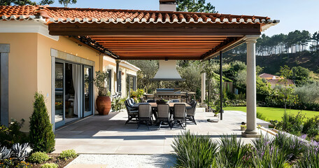 Obraz premium Pergola with seaside-inspired decor, blending style with open-air relaxation.