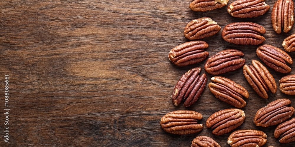 Poster pecan nuts on a wooden surface, top view with copyspace. close-up view of the nuts.