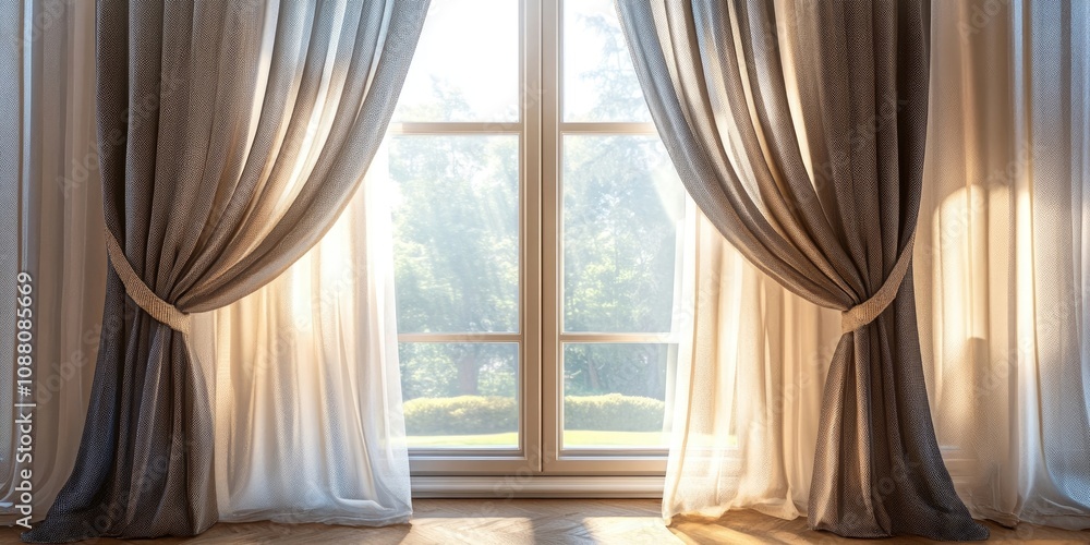 Aufkleber close-up view of a window featuring elegant curtains indoors.