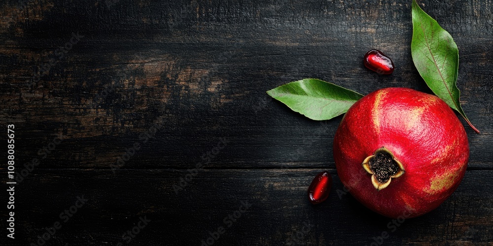 Poster ripe pomegranate fruit next to a leaf on a dark wooden background with a top view and copy space.