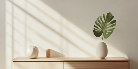 Minimalist living room interior concept in a stylish apartment featuring a wooden commode, a leaf in a ceramic vase, and refined personal accessories in contemporary home decor. Copy space. Template.