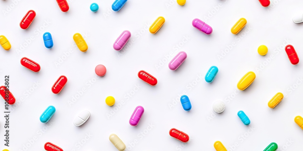 Poster color capsules. medicine pills on a white background in a top view pattern with copy space.