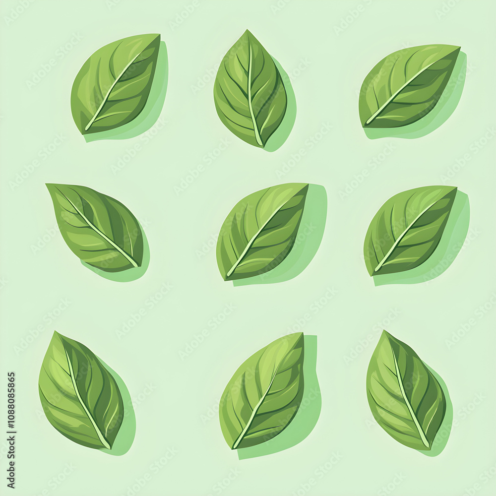 Poster simple flat basil leaves with a soft green color, placed in a symmetrical pattern