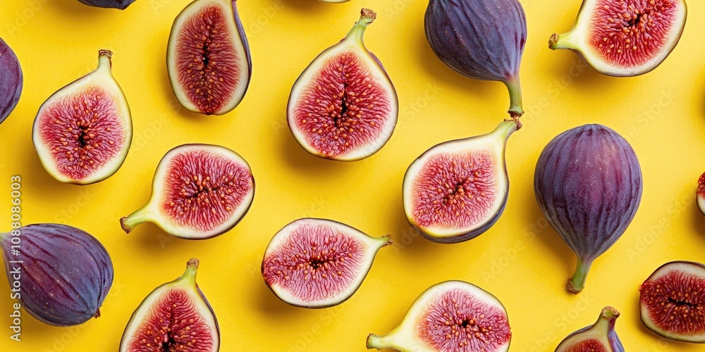 Sticker Fresh whole and sliced figs on a yellow paper surface with copyspace. Food backdrop. Top view. Flat lay.