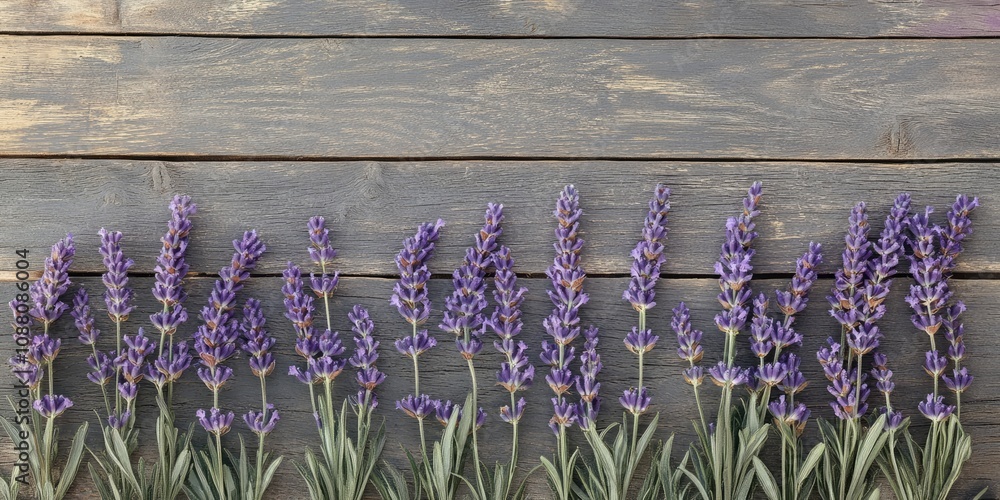 Poster lavender flowers arranged in a row on a background of aged wood texture.