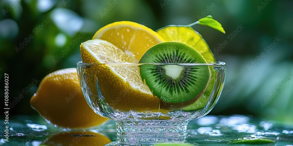 Poster Sliced lemon alongside lime and kiwi rests on a glass vase with a citrus-themed background in macro photography.