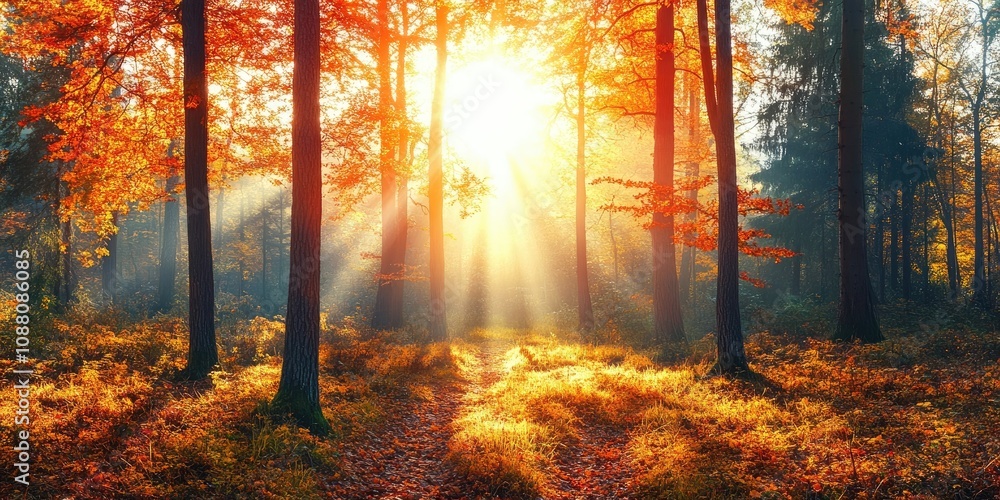 Poster autumn forest scenery. a bright morning in a vibrant forest with sunlight streaming through the tree