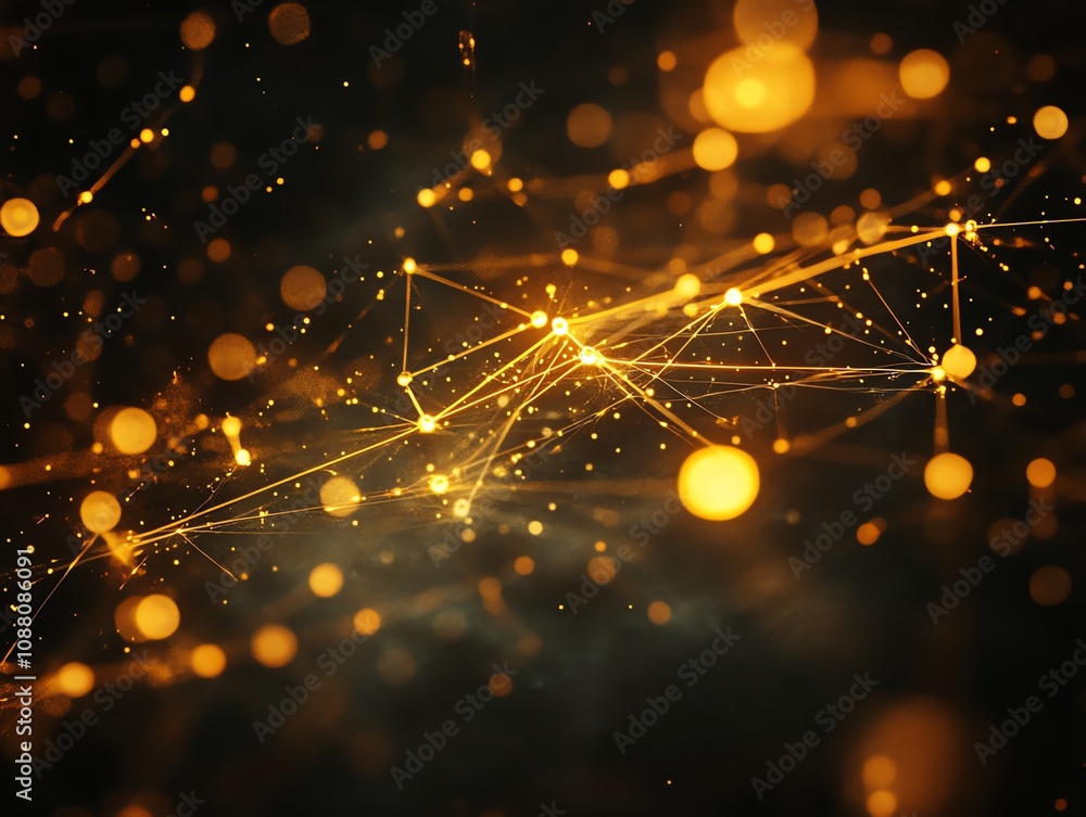 Poster Abstract glowing network connection.  Golden nodes and lines on dark background.
