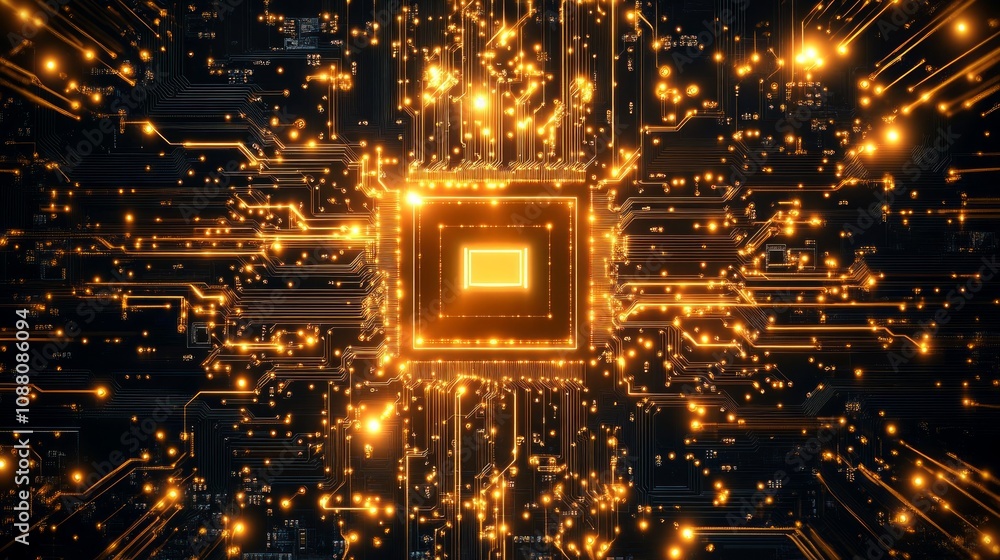 Poster glowing central processing unit with circuit board.