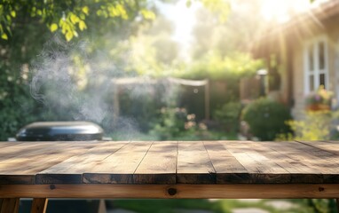 Obraz premium A serene outdoor scene with a wooden table and smoke, suggesting a cooking or grilling activity.