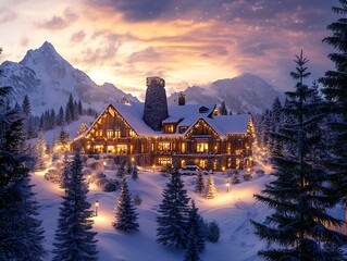 Fototapeta premium Snowy mountain lodge surrounded by pine trees, glowing lights, and holiday warmth