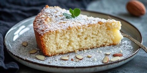Slice of Swedish Almond Cake presented on a plate.