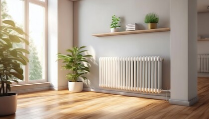 A bright, modern room featuring a radiator, wooden floors, large windows, and green plants, creating a cozy and inviting atmosphere.