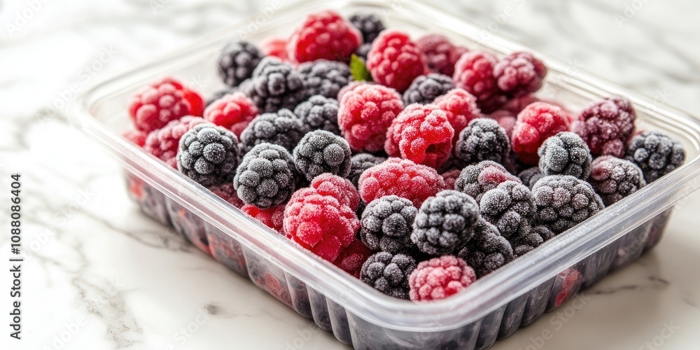 Aufkleber frozen berry mix in a plastic container on a marble surface. selective focus.