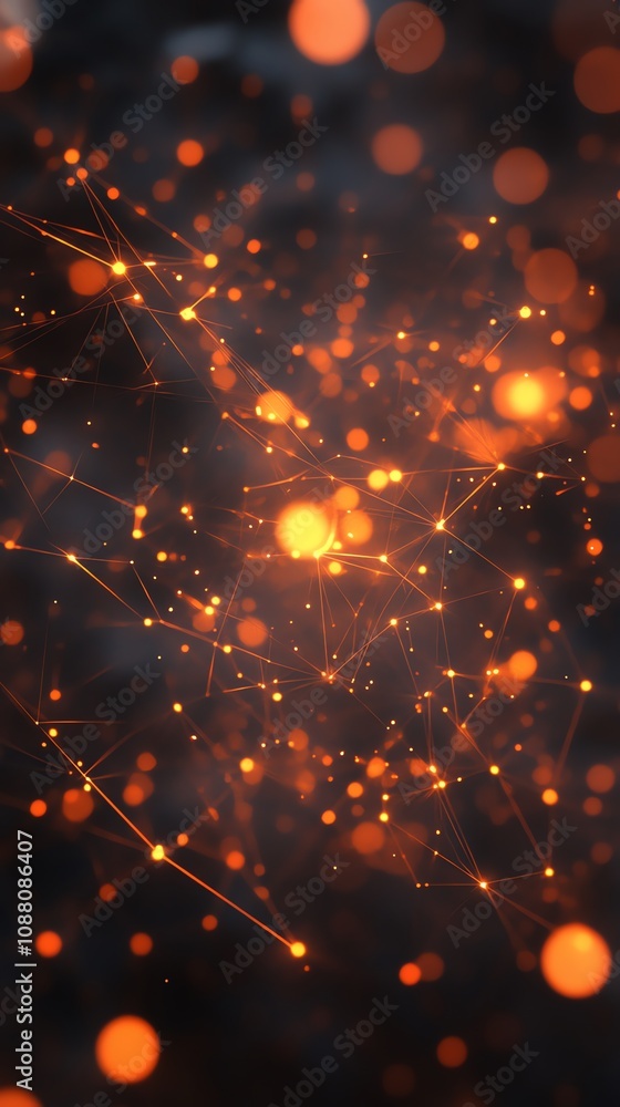 Poster abstract glowing network with orange and yellow particles on dark background.