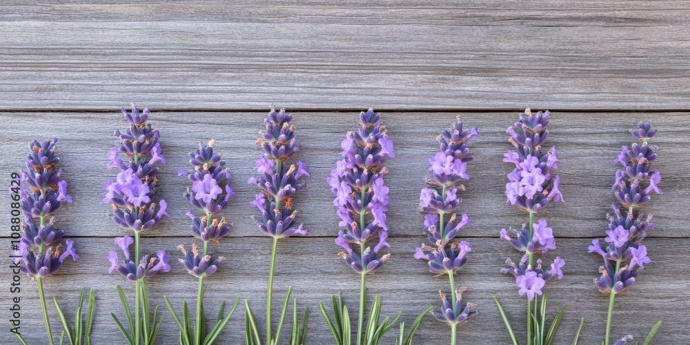 Poster lavender flowers arranged in a row on a background of aged wood texture.