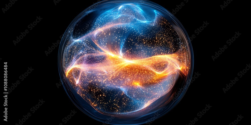 Wall mural abstract glowing orb with blue and orange energy swirling inside a transparent sphere against a blac