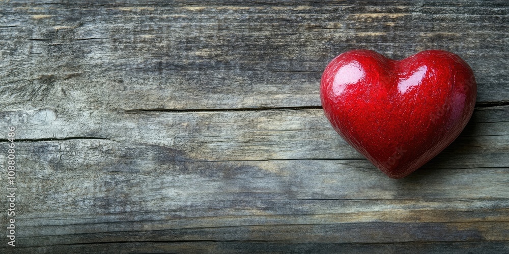 Aufkleber valentine's day features a red heart and a table toy on a wooden table, with copyspace for texture.