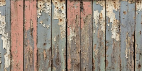 Aged plywood fence with chipped paint and splintered wood.